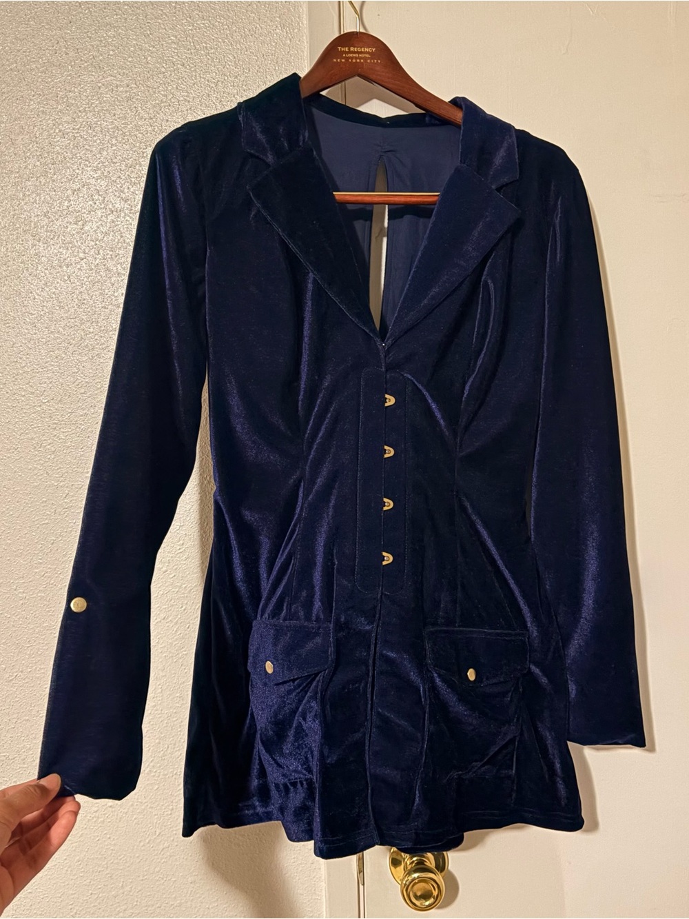 Corset Story Navy Velvet Corset Longline Long Sleeve Blazer Jacket W/ Pockets